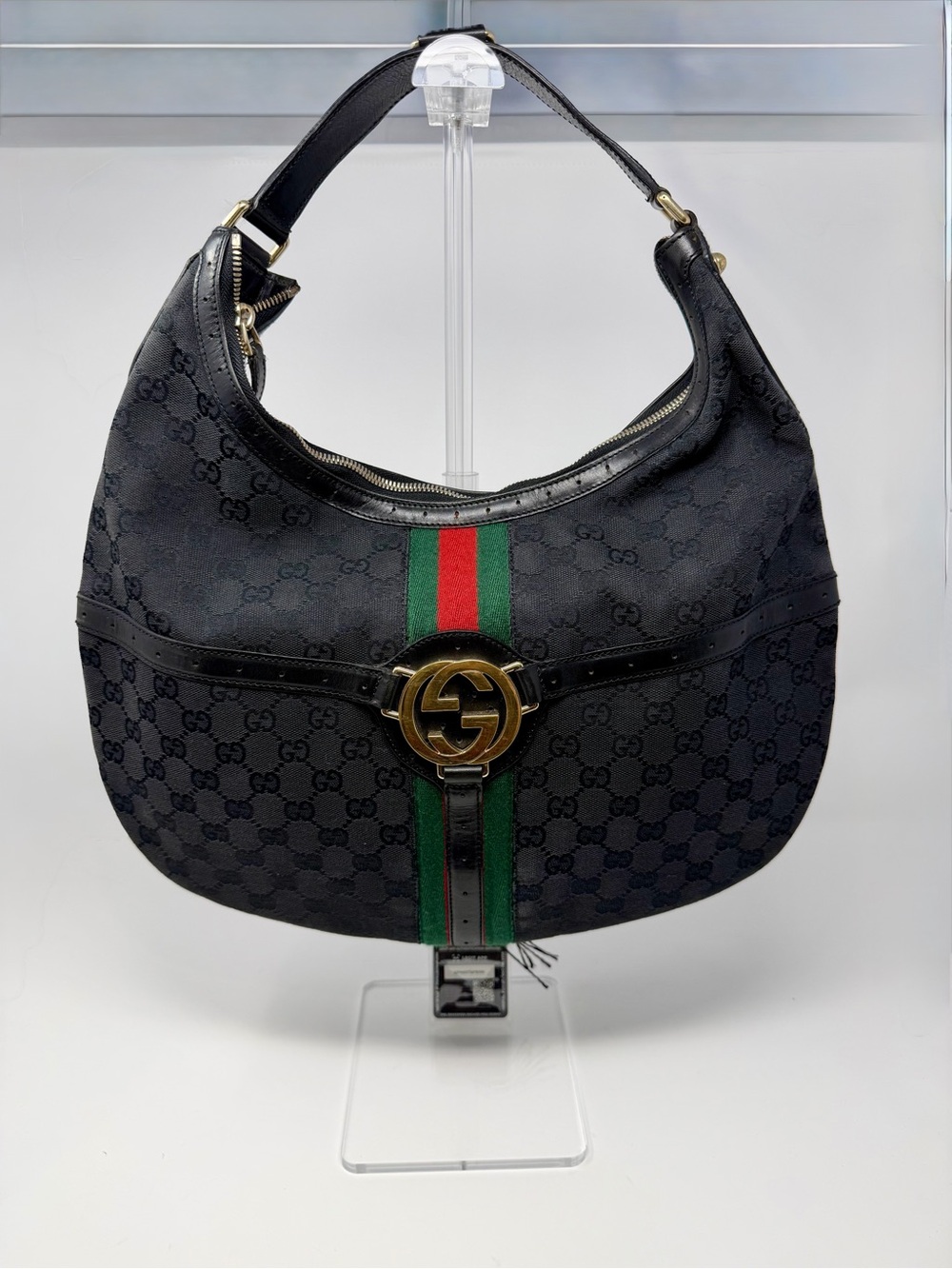 Gucci Black GG Web Reins Hobo Bag with Gold GG